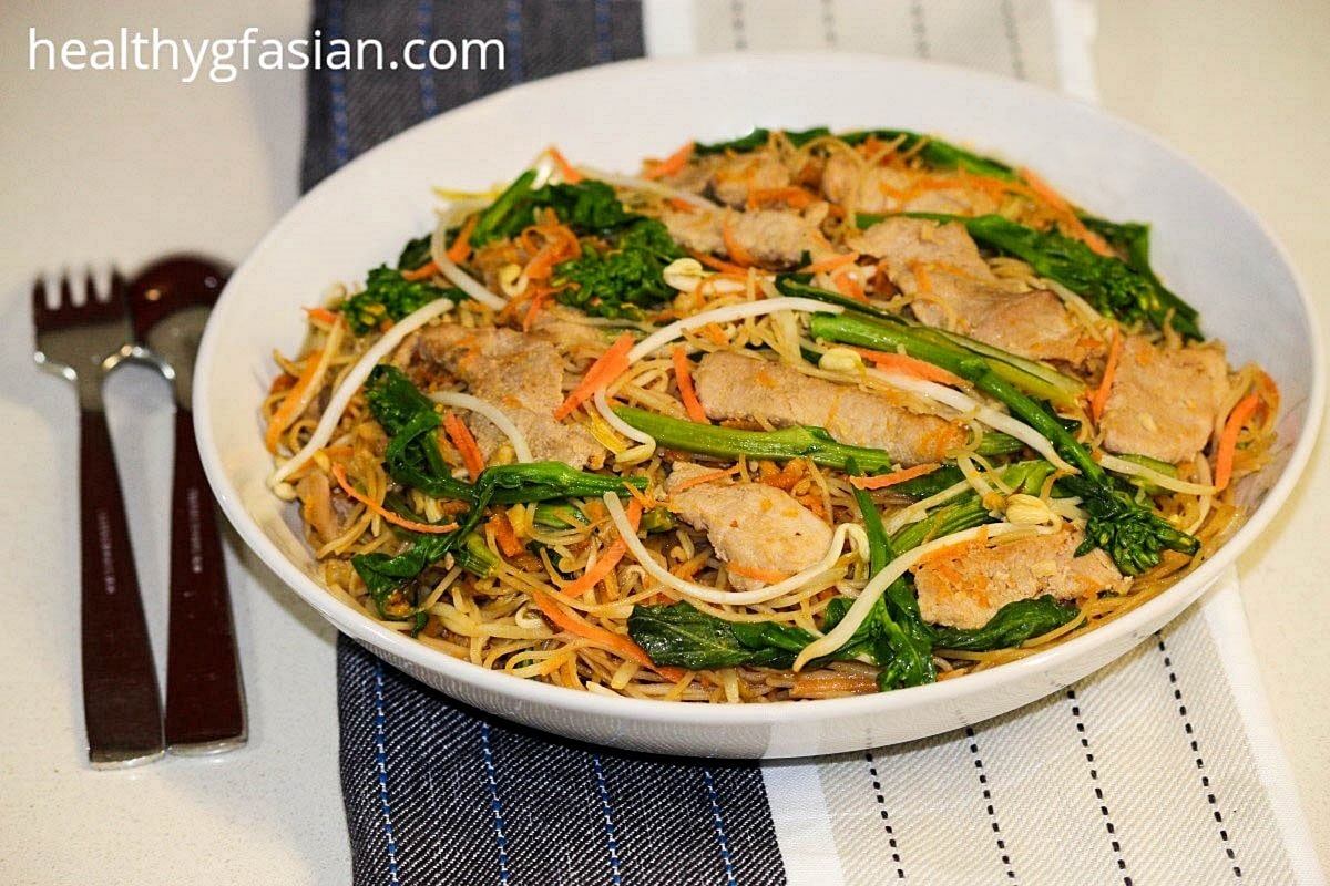 Pork and Choy Sum Stir-Fry Rice Noodles Gluten Free